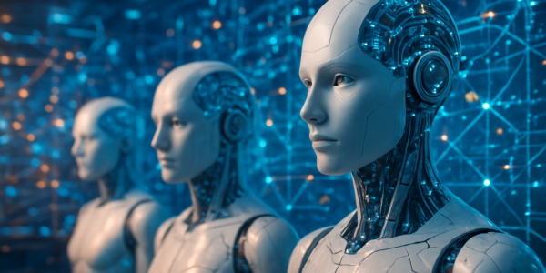 Futurystyczna wizualizacja modeli sztucznej inteligencji i cyfrowych sieci w nowoczesnym środowisku technologicznym