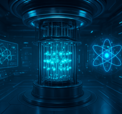 Komputer kwantowy w futurystycznym laboratorium, symbol technologii przyszłości