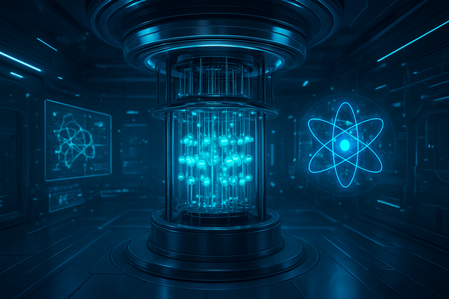 Komputer kwantowy w futurystycznym laboratorium, symbol technologii przyszłości