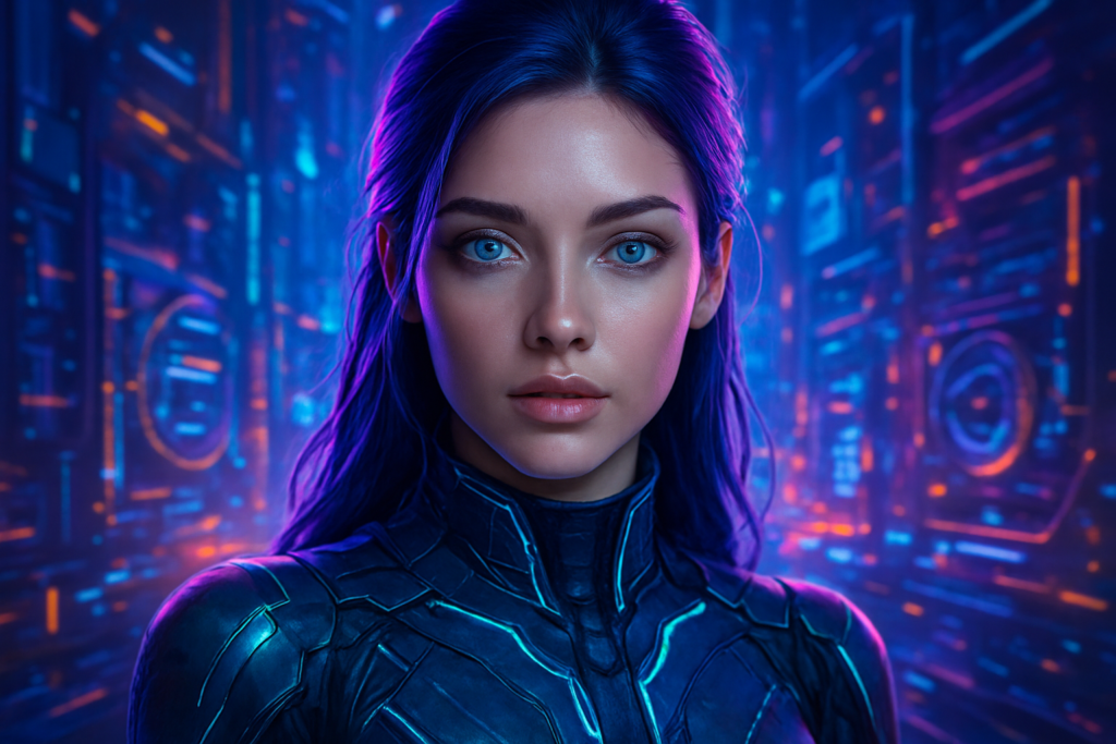 Realistyczny cyfrowy influencer w nowoczesnym, technologicznie zaawansowanym otoczeniu