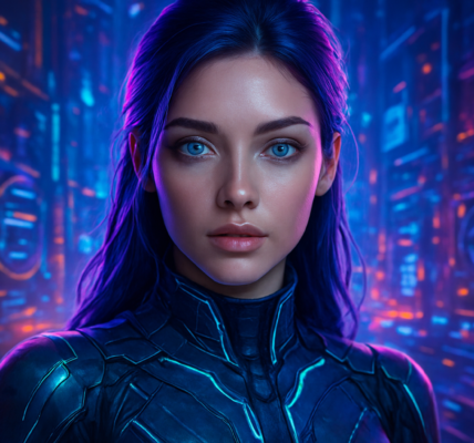 Realistyczny cyfrowy influencer w nowoczesnym, technologicznie zaawansowanym otoczeniu