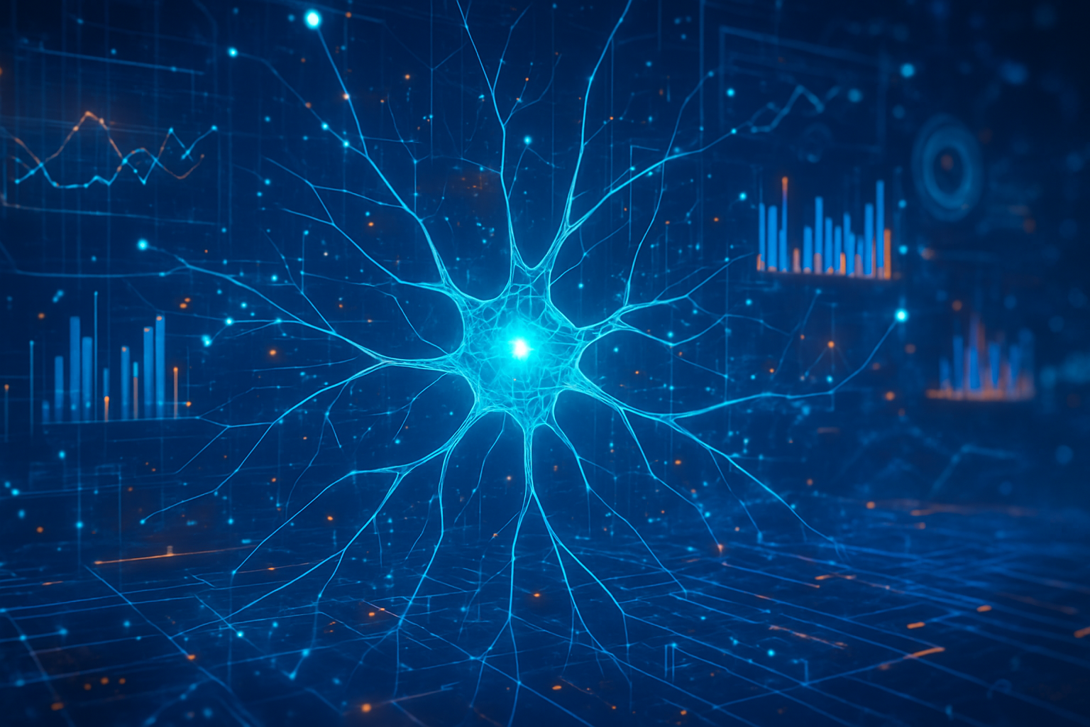 Nowoczesna grafika przedstawiająca sztuczną inteligencję i algorytmy wpływające na trendy technologiczne
