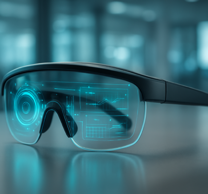 Nowoczesne okulary AR z holograficznymi wyświetlaczami w futurystycznym otoczeniu
